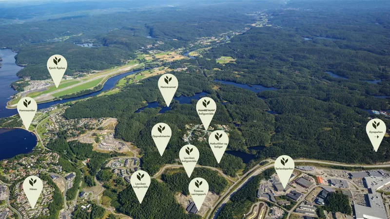 Flyfoto over Hamrevann-området i dag med nærmeste tilbud markert